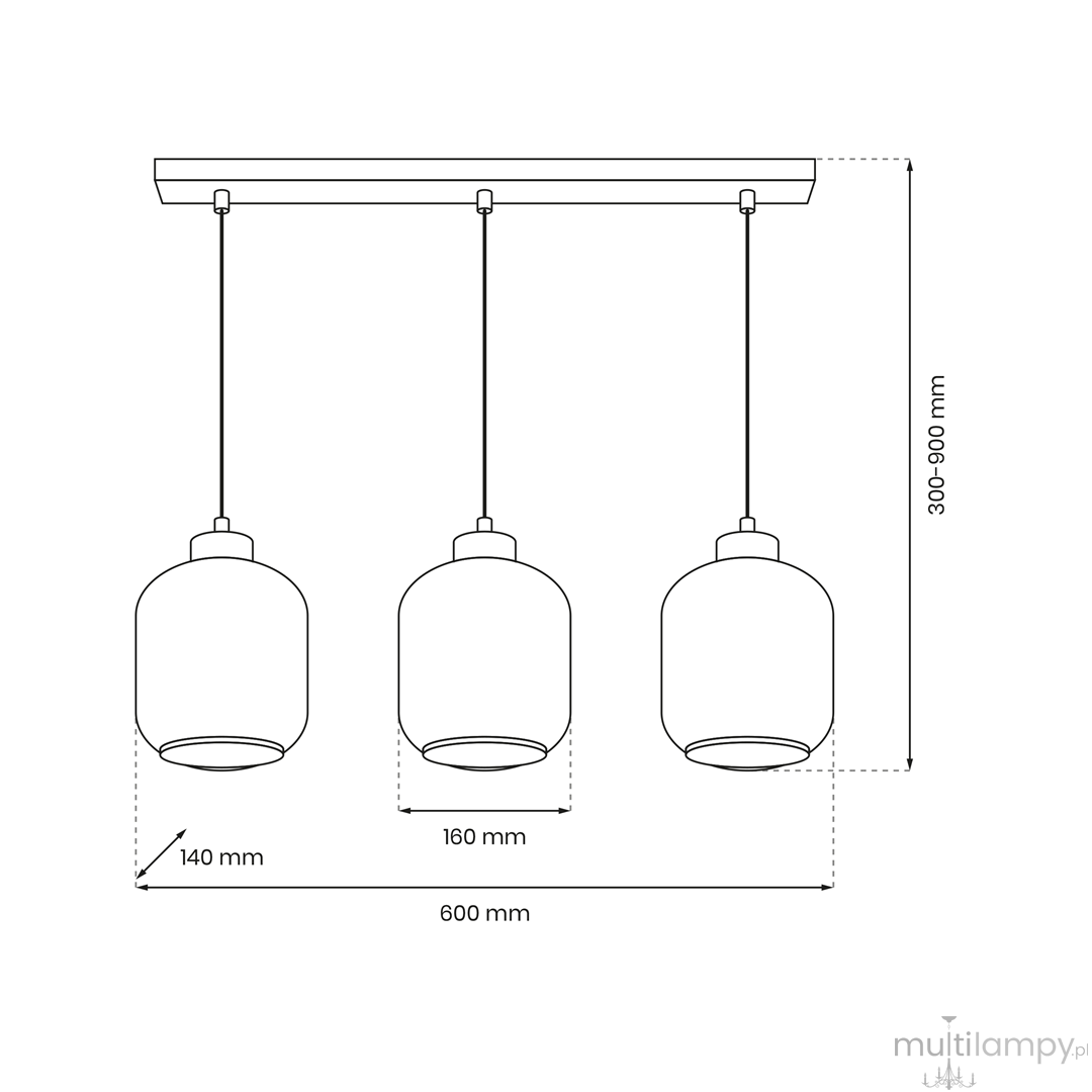 Lampa wisząca Sombra 3-punktowa w kolorze czarnym z bursztynowymi kloszami. Klosze o średnicy 160 mm i wysokości 140 mm, zawieszone na regulowanych linkach o długości 300-900 mm. Szerokość całkowita 600 mm.