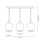 Lampa wisząca Sombra 3-punktowa w kolorze czarnym z bursztynowymi kloszami. Klosze o średnicy 160 mm i wysokości 140 mm, zawieszone na regulowanych linkach o długości 300-900 mm. Szerokość całkowita 600 mm.