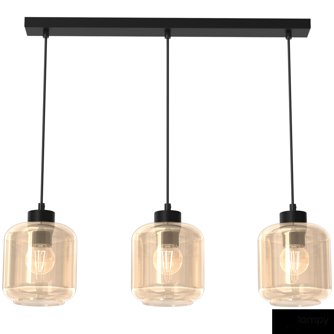 Lampa wisząca Sombra 3-punktowa w kolorze czarnym z bursztynowymi kloszami. Ułożona poziomo, zawieszona na czarnej belce. Klosze mają okrągły kształt, wykonane z przezroczystego materiału, z widocznymi żarówkami w środku.