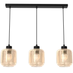 Lampa wisząca Sombra 3-punktowa w kolorze czarnym z bursztynowymi kloszami. Ułożona poziomo, zawieszona na czarnej belce. Klosze mają okrągły kształt, wykonane z przezroczystego materiału, z widocznymi żarówkami w środku.