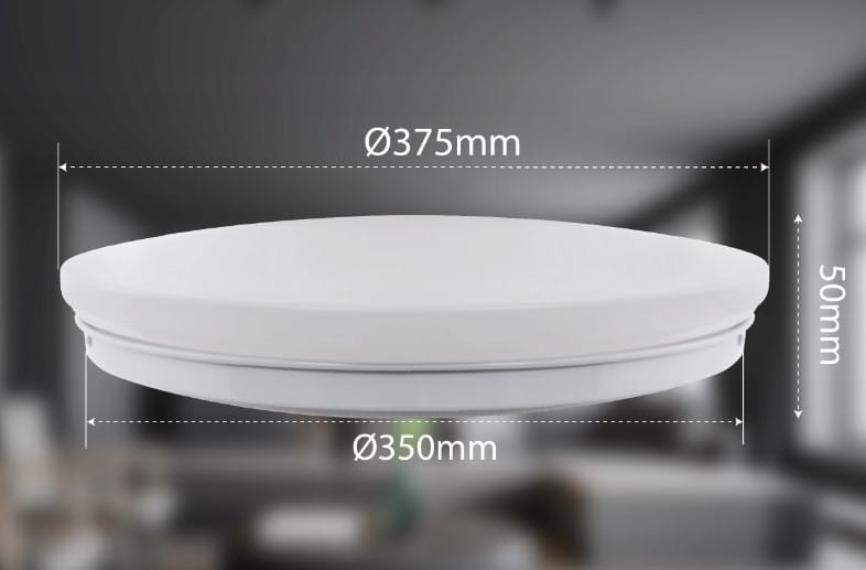 Biały plafon Erik LED D37 o średnicy 375 mm i wysokości 50 mm, z wbudowanym źródłem światła 24W i temperaturze barwowej 4000K. Produkt z przeznaczeniem do użytku wewnętrznego, o stopniu ochrony IP44.