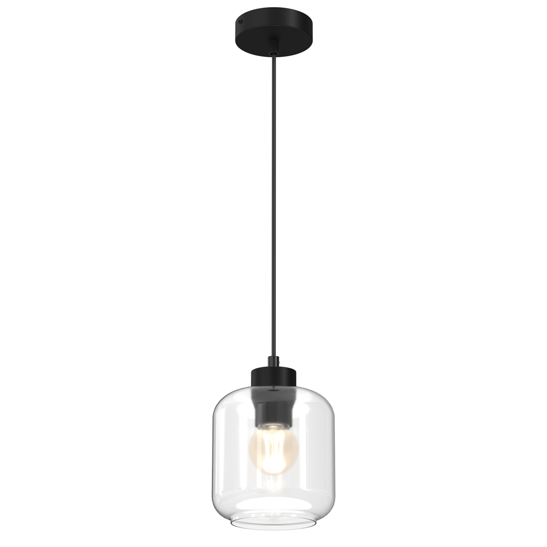 Czarna lampa wisząca Sombra z przezroczystym kloszem, zawieszona na cienkim kablu. Okrągły klosz wykonany z szkła, widoczna żarówka w środku. Montaż sufitowy, minimalistyczny design, idealna do nowoczesnych wnętrz.