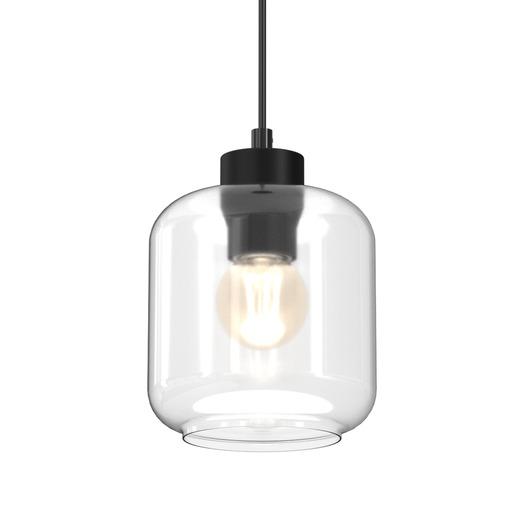 Czarna lampa wisząca Sombra z przezroczystym kloszem, zawieszona na cienkim kablu. Kształt cylindryczny, z widoczną żarówką w środku. Idealna do nowoczesnych wnętrz.