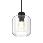 Czarna lampa wisząca Sombra z transparentnym kloszem. Klosz o zaokrąglonym kształcie, w którym widoczna jest żarówka. Produkt zawieszony na cienkim, czarnym przewodzie. Idealny do nowoczesnych wnętrz.