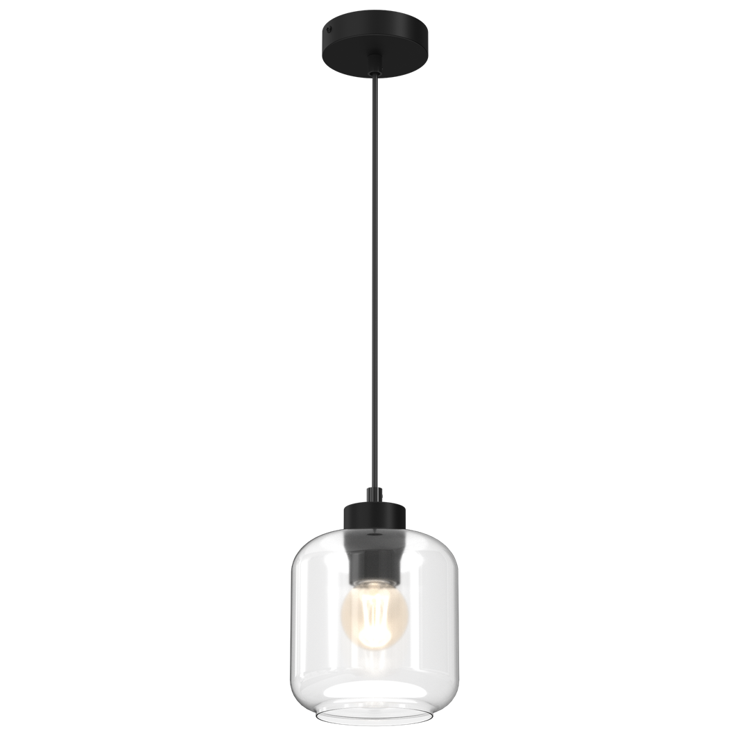 Czarna lampa wisząca Sombra 1-punktowa z przezroczystym kloszem, zawieszona na cienkim przewodzie. Klosz ma okrągły kształt, a w jego wnętrzu widoczna jest żarówka. Montaż sufitowy, minimalistyczny design. Tło czarne.