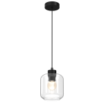 Czarna lampa wisząca Sombra 1-punktowa z przezroczystym kloszem, zawieszona na cienkim przewodzie. Klosz ma okrągły kształt, a w jego wnętrzu widoczna jest żarówka. Montaż sufitowy, minimalistyczny design. Tło czarne.