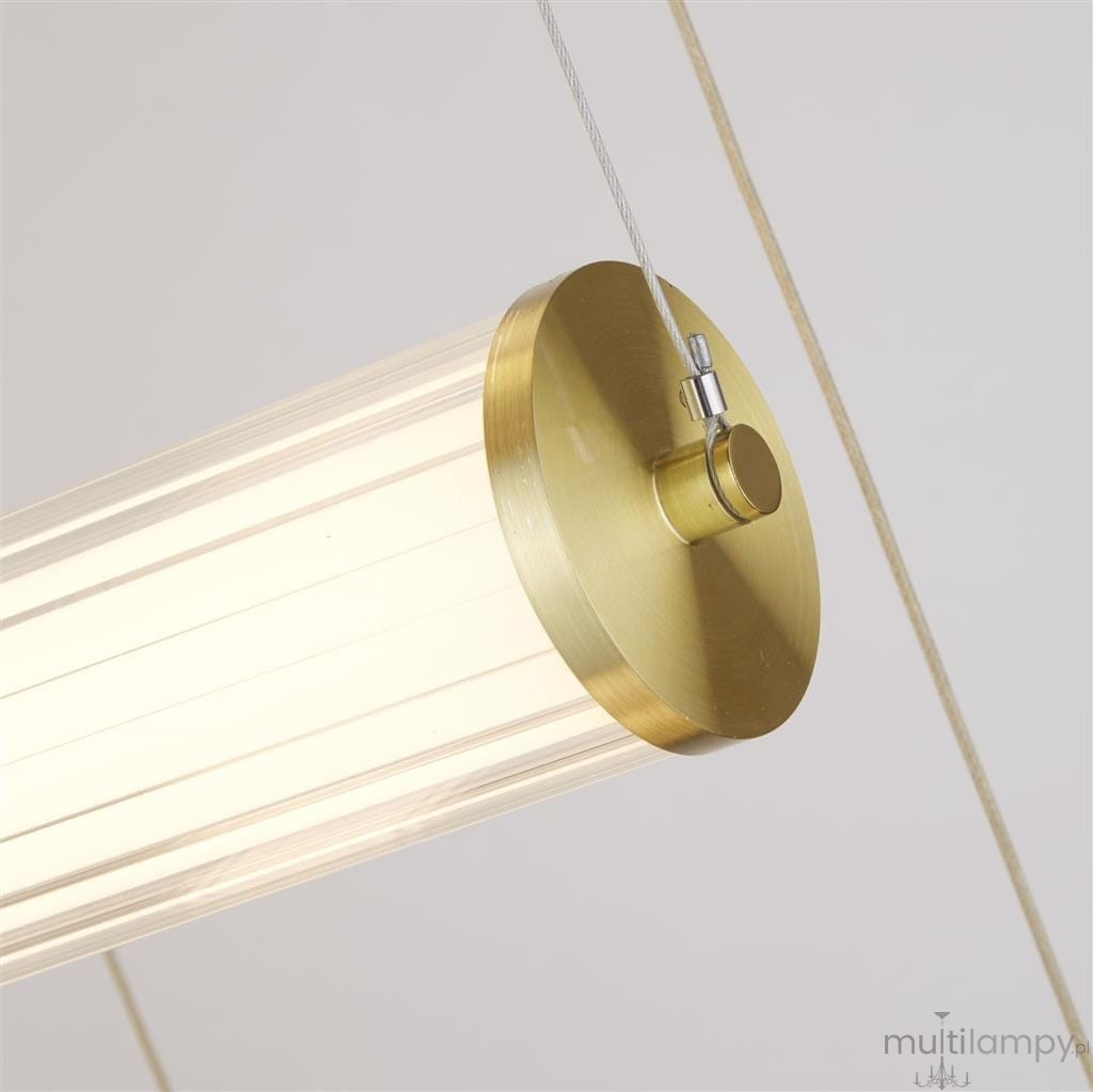 Złota lampa wisząca Clamp LED 5-punktowa, z przezroczystym kloszem o fakturze prążkowanej. Ujęcie z góry, pokazujące detal mocowania i zawieszenia. Wisi na cienkim, stalowym przewodzie, idealna do nowoczesnych wnętrz.