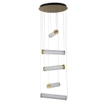 Złota lampa wisząca Clamp LED, pięciopunktowa, z białymi, teksturowanymi kloszami. Elementy zawieszone na cienkich linkach, montaż sufitowy. Okrągła, złota podsufitka. Idealna do nowoczesnych wnętrz.