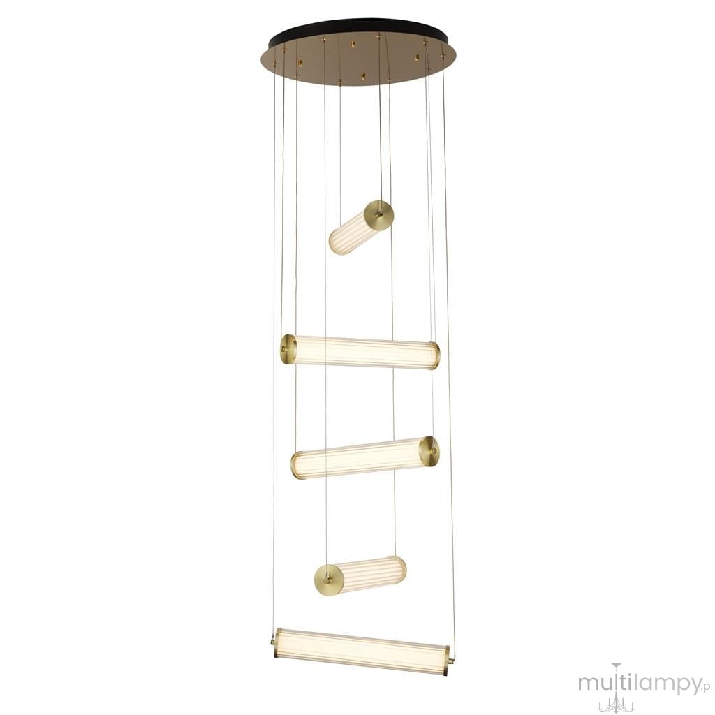 Złota lampa wisząca Clamp LED z pięcioma punktami świetlnymi, wyposażona w transparentne klosze o cylindrycznym kształcie, zawieszona na cienkich linkach. Metalowy sufitowy uchwyt w kolorze czarnym, minimalistyczny design.