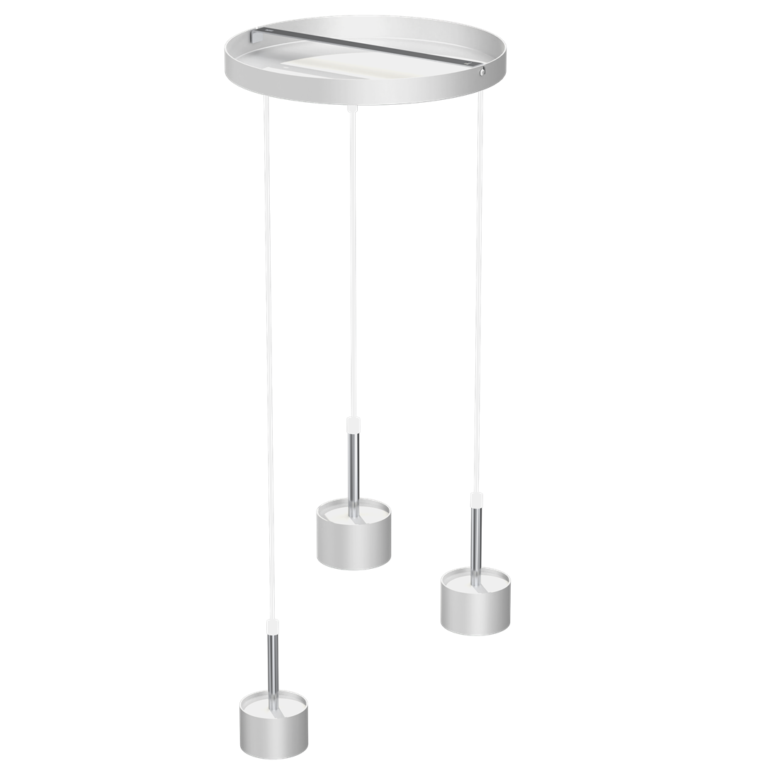 Lampa wisząca Arena 3-punktowa w kolorze białym i srebrnym, składająca się z okrągłej podstawy oraz trzech cylindrycznych kloszy zawieszonych na cienkich linkach. Klosze mają metaliczne wykończenie i są umieszczone na różnych wysokościach.
