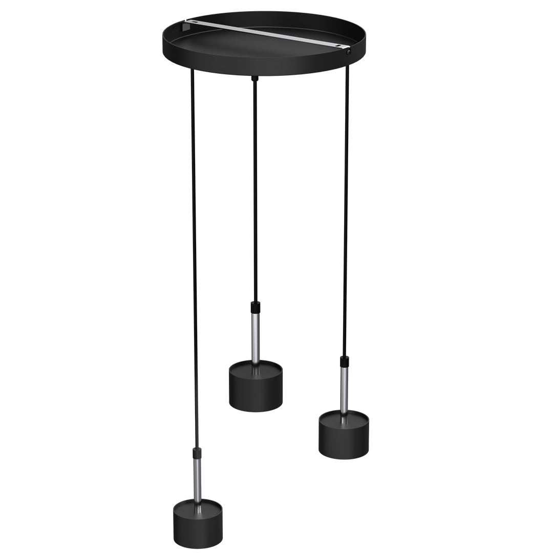 Lampa wisząca Arena 3-punktowa w kolorze czarnym i srebrnym, z okrągłym, płaskim stropem. Trzy zwisające źródła światła z cylindrycznymi osłonami, wykonane z metalu. Kabelki w czarnym kolorze, minimalistyczny design.