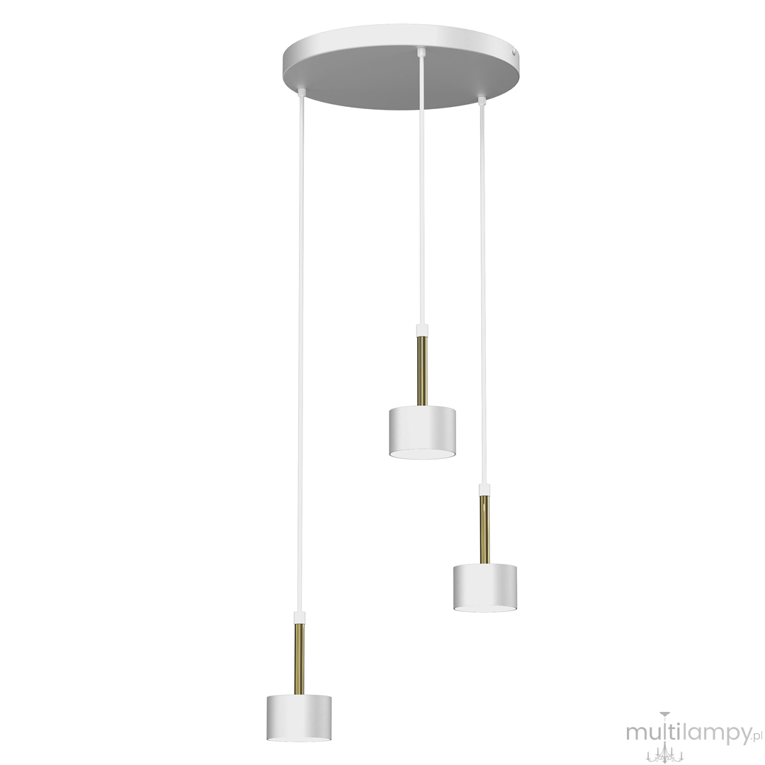 Lampa wisząca Arena 3-punktowa w kolorze białym i złotym, składająca się z trzech okrągłych kloszy zawieszonych na białych przewodach. Klosze z białego metalu z złotymi uchwytami, zamocowane na okrągłej białej podstawie sufitowej.