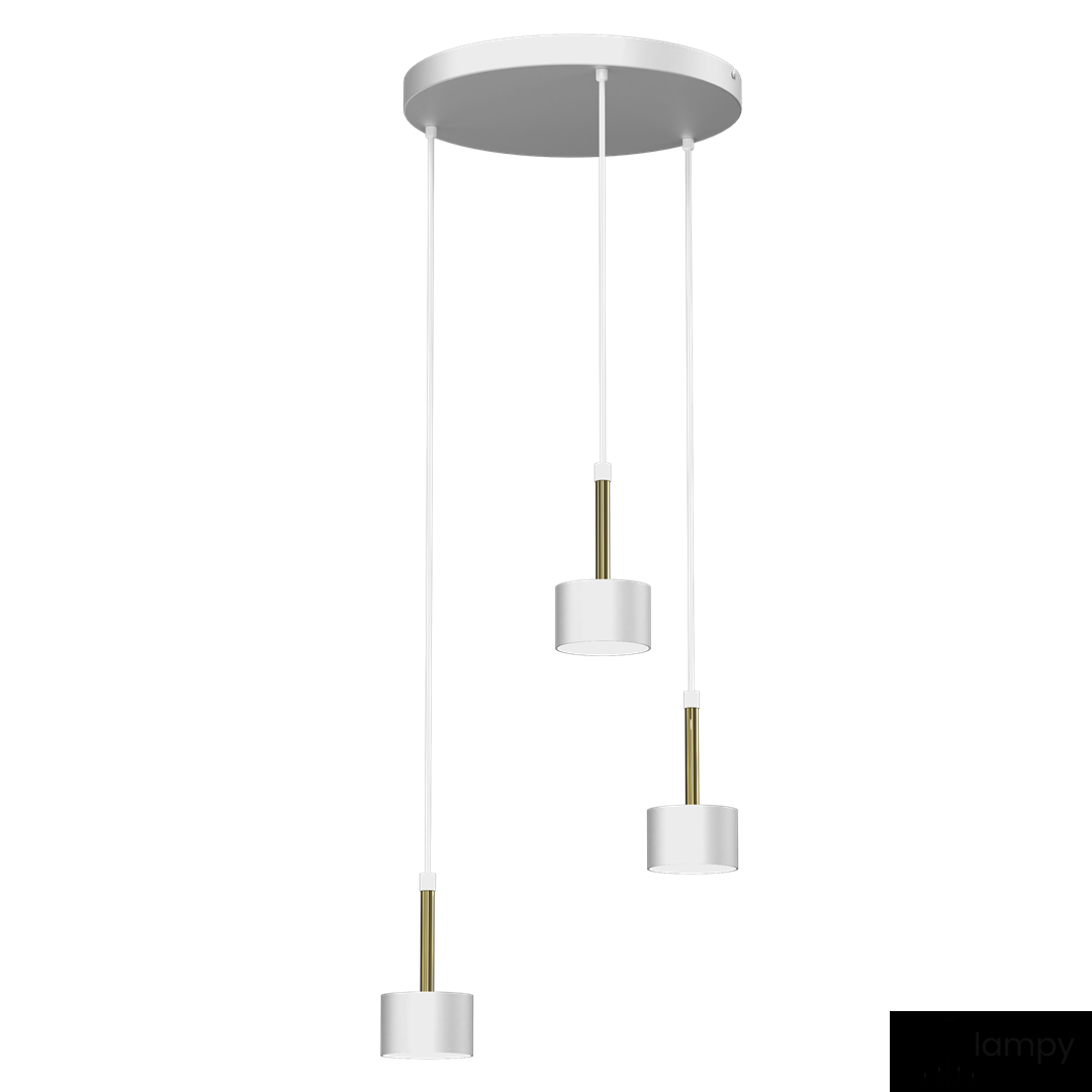 Lampa wisząca Arena 3-punktowa w kolorze białym z złotymi detalami. Składa się z trzech cylindrycznych kloszy zawieszonych na białych przewodach, montowanych do okrągłej, białej podstawy. Ujęcie frontalne, produkt wisi w powietrzu na jednolitym tle.