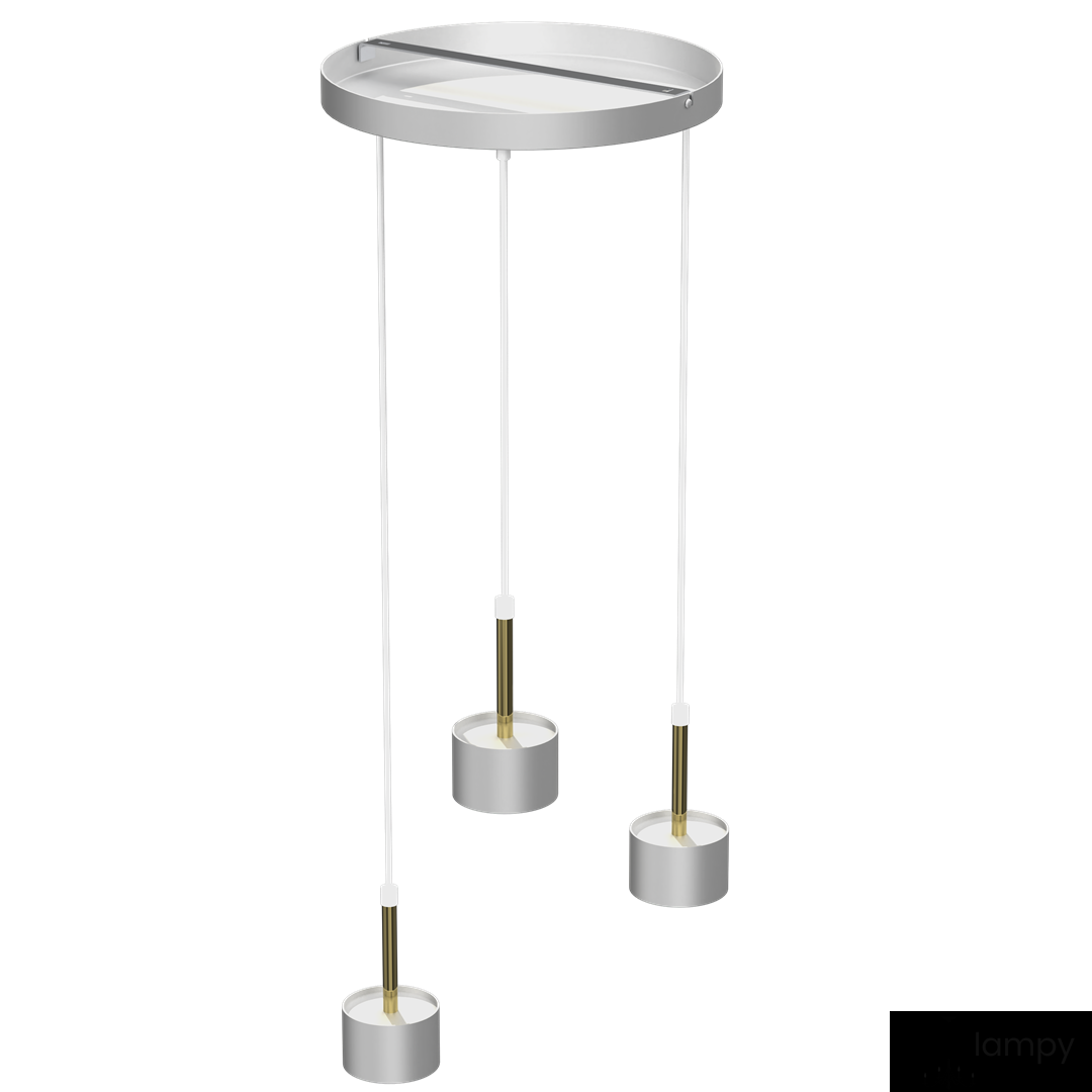 Lampa wisząca Arena 3-punktowa w kolorze białym i złotym, z okrągłym, metalowym stelażem. Posiada trzy zwisające źródła światła z cylindrycznymi podstawami, zawieszone na białych kablach. Wysoka jakość wykonania i nowoczesny design.