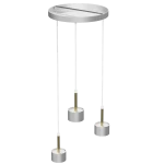 Lampa wisząca Arena 3-punktowa w kolorze białym i złotym, z okrągłym, metalowym stelażem. Posiada trzy zwisające źródła światła z cylindrycznymi podstawami, zawieszone na białych kablach. Wysoka jakość wykonania i nowoczesny design.