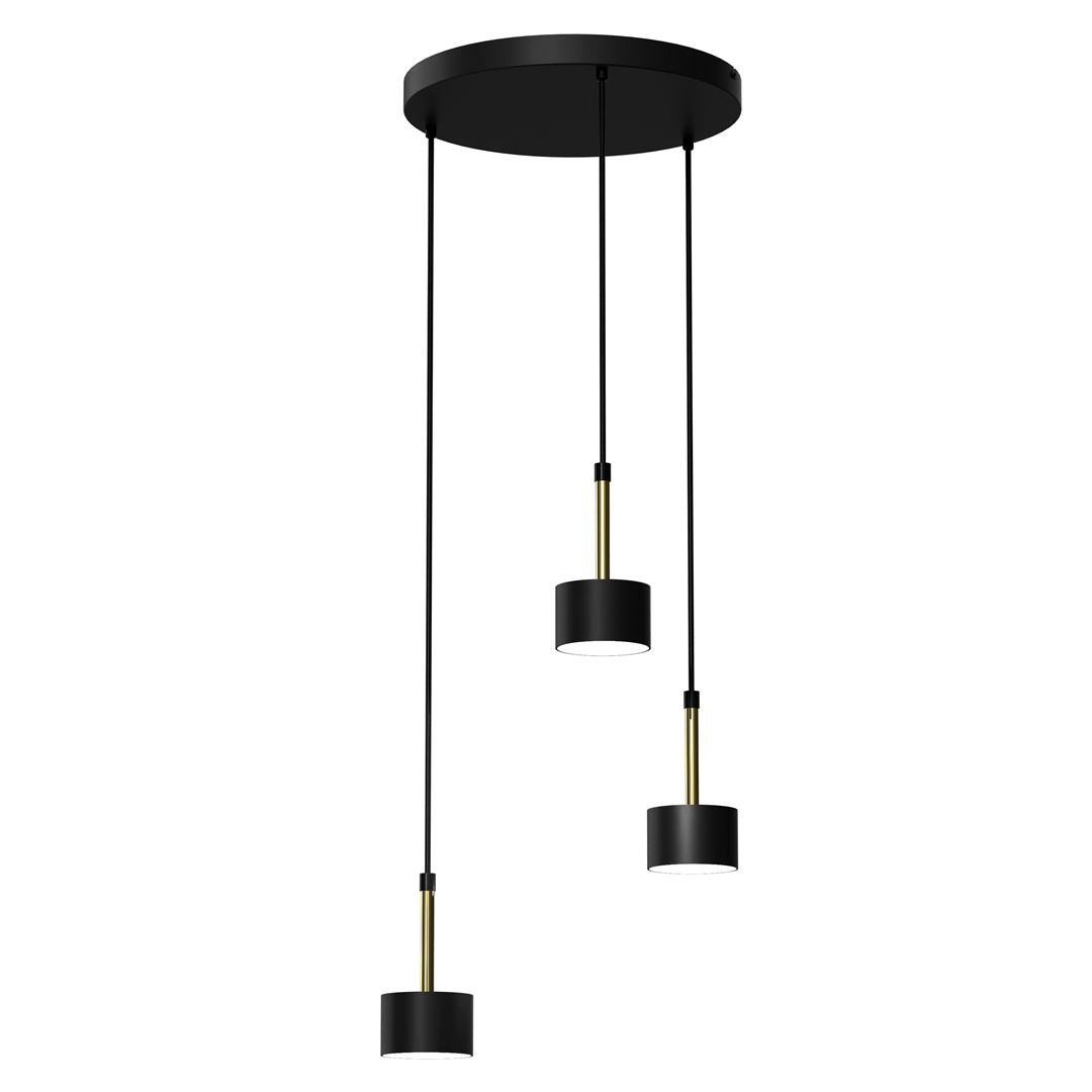Lampa wisząca Arena 3-punktowa w kolorze czarnym i złotym. Składa się z trzech okrągłych kloszy zawieszonych na cienkich, czarnych linkach. Klosze mają matową powierzchnię z metalowymi złotymi detalami. Montaż sufitowy, nowoczesny design.