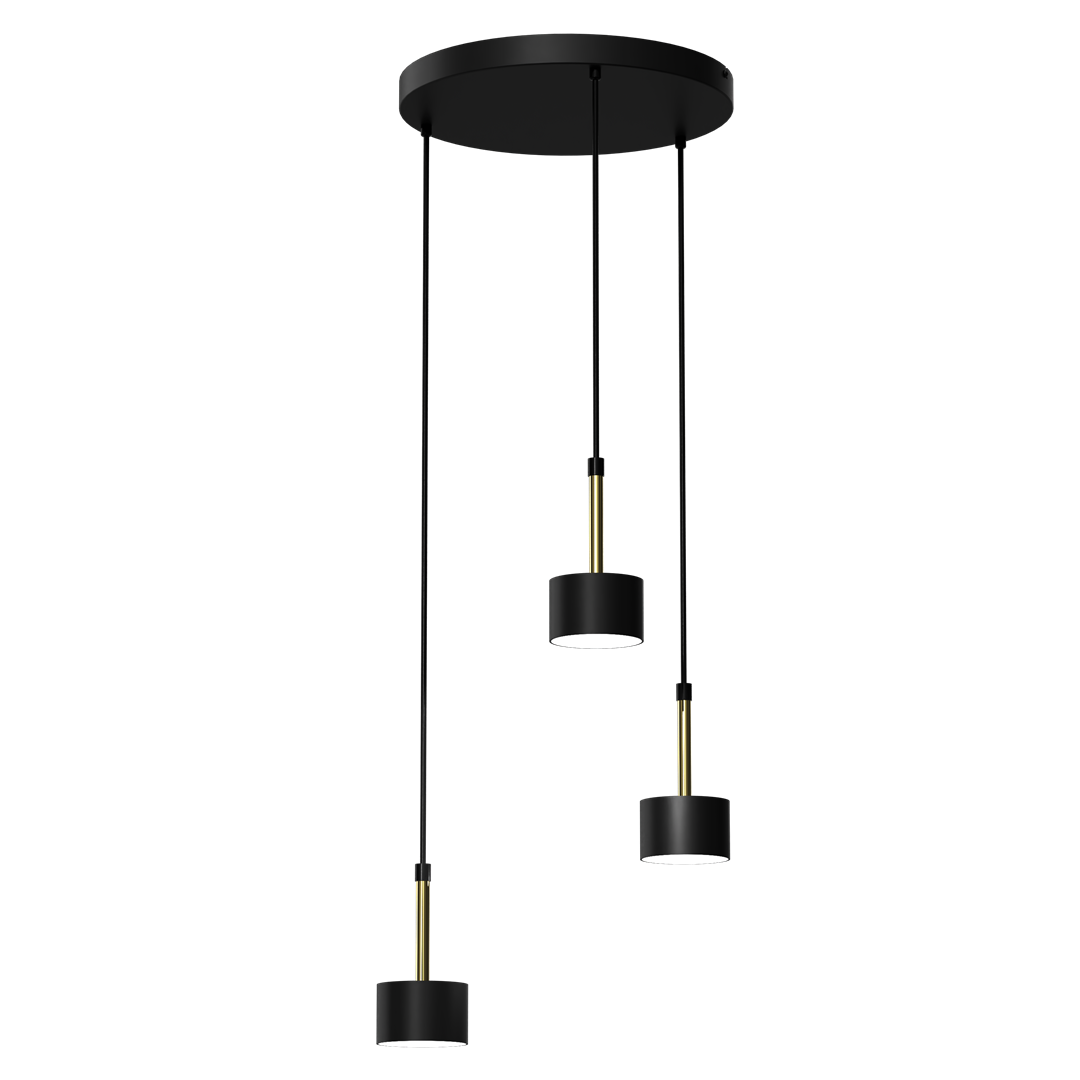 Lampa wisząca Arena 3-punktowa w kolorze czarnym i złotym. Posiada trzy cylindryczne klosze zawieszone na czarnych linkach, z metalowymi złotymi detalami. Ułożona na okrągłym, czarnym suficie.