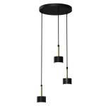 Lampa wisząca Arena 3-punktowa w kolorze czarnym i złotym. Posiada trzy cylindryczne klosze zawieszone na czarnych linkach, z metalowymi złotymi detalami. Ułożona na okrągłym, czarnym suficie.