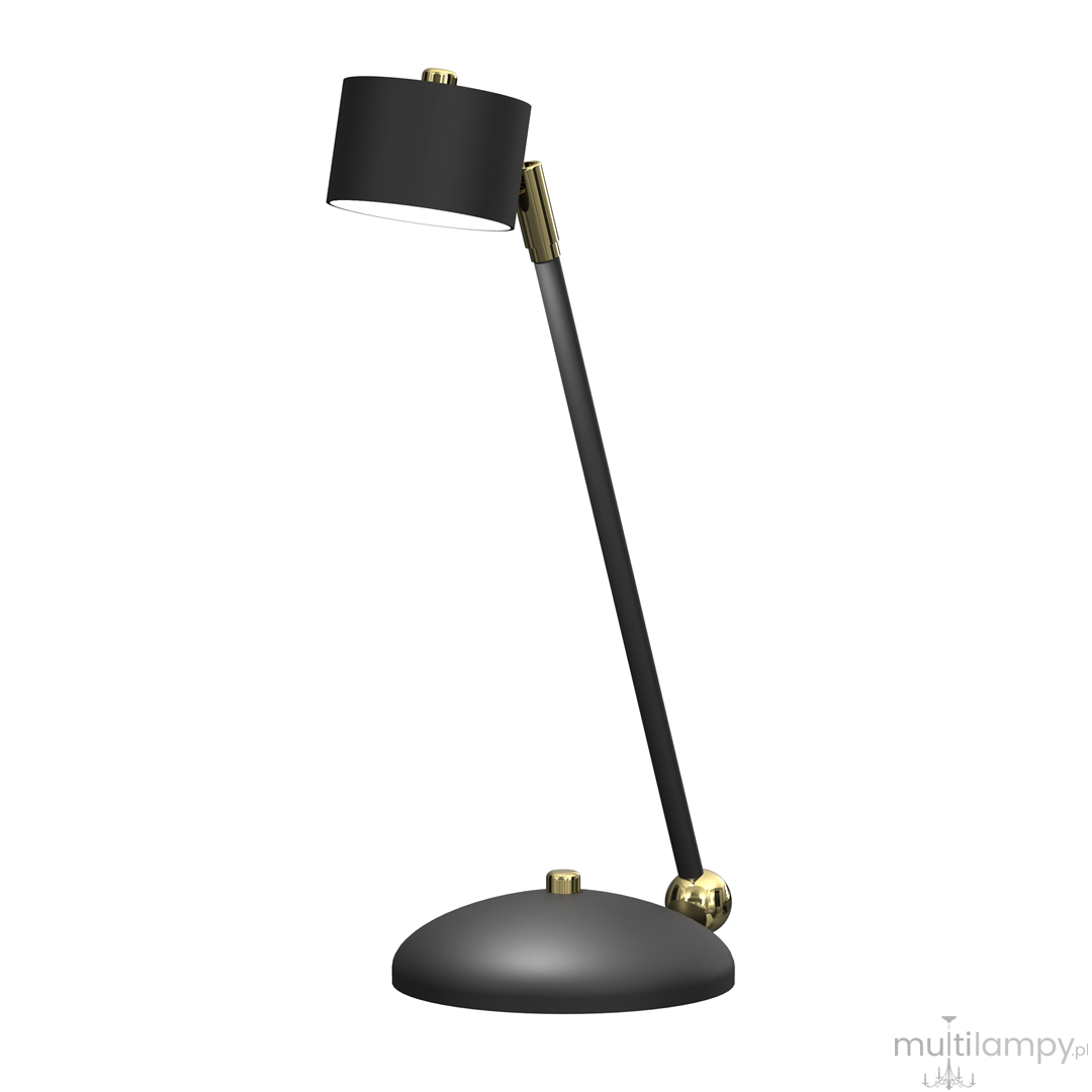 Lampka biurkowa Arena w kolorze czarnym i złotym, z okrągłą podstawą i prostą, regulowaną nogą. Głowica lampy w kształcie cylindrycznym, skierowana w dół. Minimalistyczny design, idealna do biura lub domowego wnętrza.