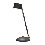 Lampka biurkowa Arena w kolorze czarnym i złotym, z okrągłą podstawą i prostą, regulowaną nogą. Głowica lampy w kształcie cylindrycznym, skierowana w dół. Minimalistyczny design, idealna do biura lub domowego wnętrza.