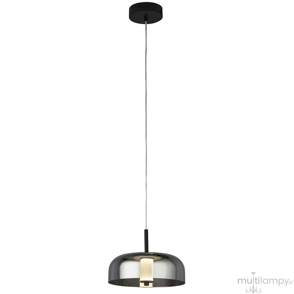 Czarna lampa wisząca Frisbee LED, 1-punktowa. Metalowa, półkulista klosz z błyszczącym wykończeniem, zawieszona na cienkim przewodzie. Widoczny element świetlny w środku. Prosta, nowoczesna forma, montowana na suficie.
