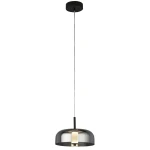 Czarna lampa wisząca Frisbee LED, 1-punktowa. Metalowa, półkulista klosz z błyszczącym wykończeniem, zawieszona na cienkim przewodzie. Widoczny element świetlny w środku. Prosta, nowoczesna forma, montowana na suficie.
