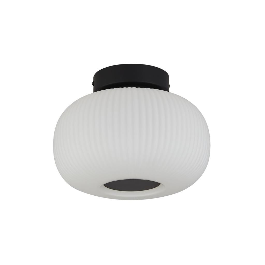 Czarna lampa sufitowa Lumina 1-punktowa, model 10271-1BK, z białym, żebrowanym kloszem w kształcie kuli. Lampa zamontowana na płaskim, okrągłym mocowaniu, wykończona z prostym, nowoczesnym designem.