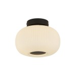 Lampa sufitowa Lumina, 1-punktowa, czarna. Okrągła, szklana kopuła w kolorze białym z delikatnym żłobieniem, montowana na czarnym mocowaniu. Zawieszona w pozycji wiszącej, idealna do oświetlenia wnętrz.