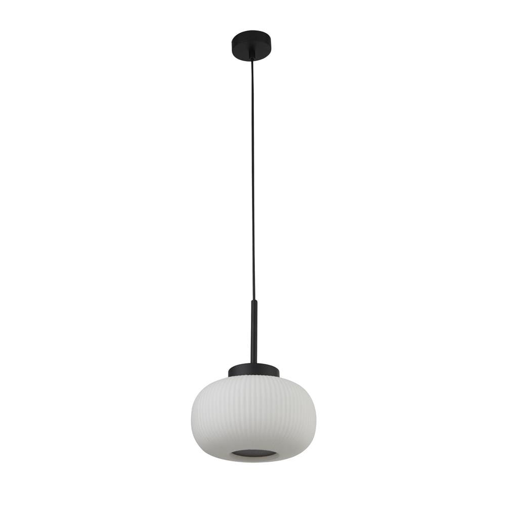 Lampa wisząca Lumina 1-punktowa w kolorze czarnym, z białym, teksturowanym kloszem o okrągłym kształcie. Zawieszona na cienkim, czarnym przewodzie. Klosz z widocznym otworem na żarówkę, umieszczony na okrągłej podstawie.