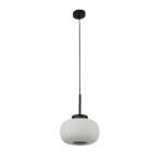 Lampa wisząca Lumina 1-punktowa w kolorze czarnym, z białym, teksturowanym kloszem o okrągłym kształcie. Zawieszona na cienkim, czarnym przewodzie. Klosz z widocznym otworem na żarówkę, umieszczony na okrągłej podstawie.