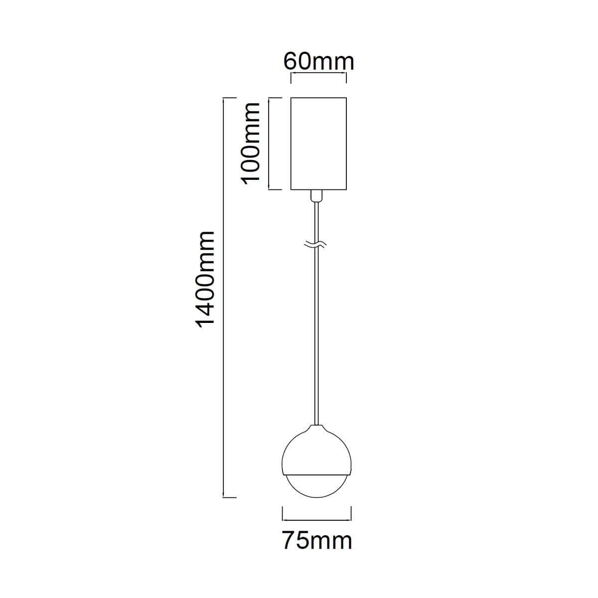 Złota lampa wisząca Bolicina LED, 1-punktowa, z prostokątnym mocowaniem o wymiarach 60x100 mm oraz okrągłym kloszem o średnicy 75 mm, zawieszona na cienkim przewodzie o długości 1400 mm. Idealna do nowoczesnych wnętrz.