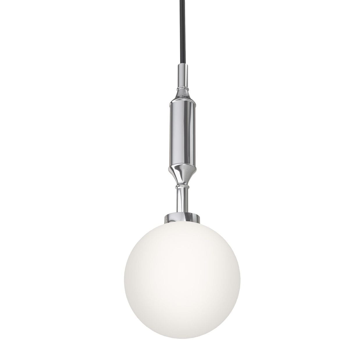 Lampa wisząca Ero I Cromo A w stylu nowoczesnym, z jednopunktowym mocowaniem. Posiada okrągłą, mlecznobiałą kulę ze szkła oraz chromowany metalowy uchwyt. Produkt zawieszony na czarnym przewodzie, z widocznym detalem montażowym.