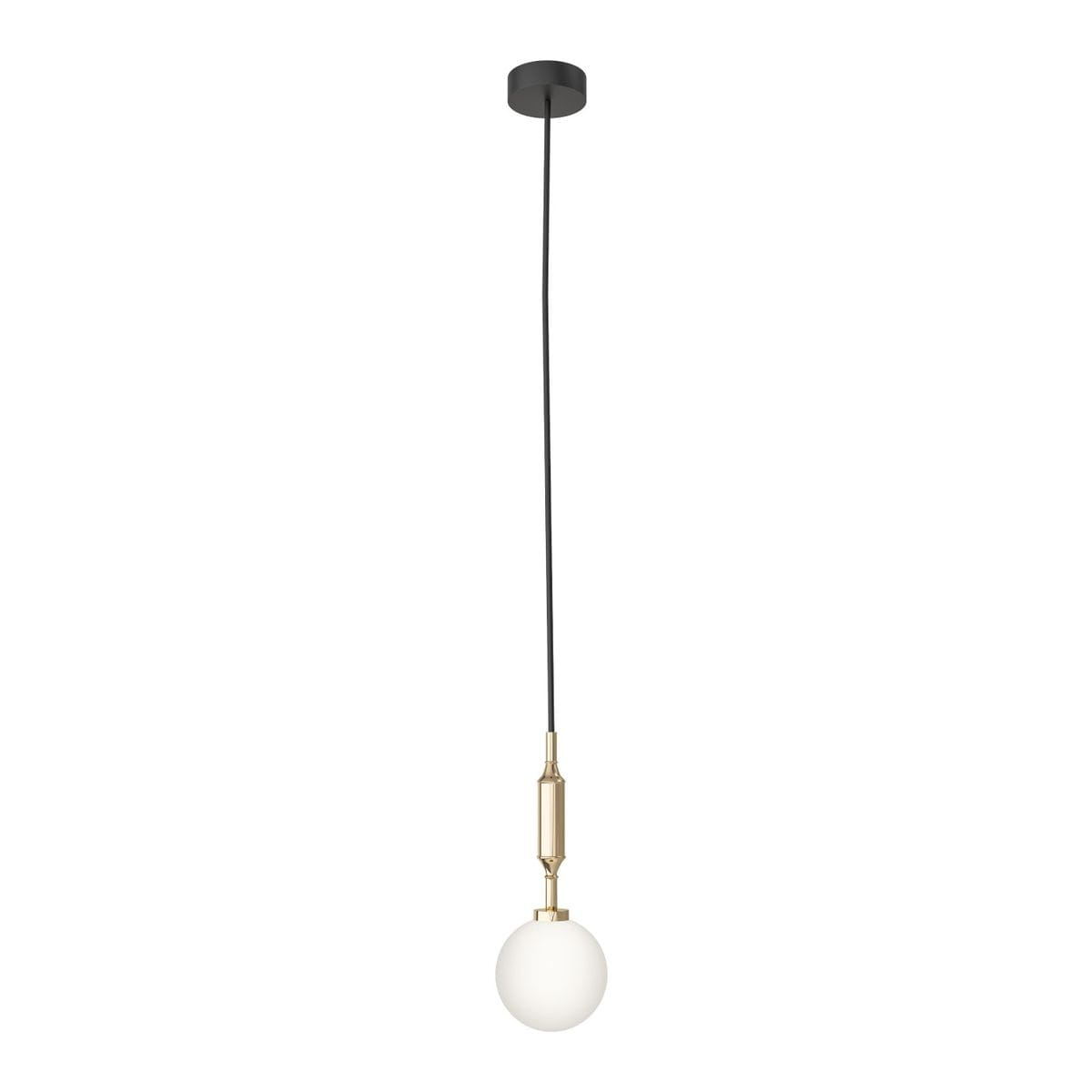 Lampa wisząca Ero I Gold A, 1-punktowa, z okrągłym, białym kloszem z opalowego szkła, zawieszona na długim czarnym przewodzie. Metalowy uchwyt w kolorze złotym, montowana na suficie. Prosty design, idealna do nowoczesnych wnętrz.