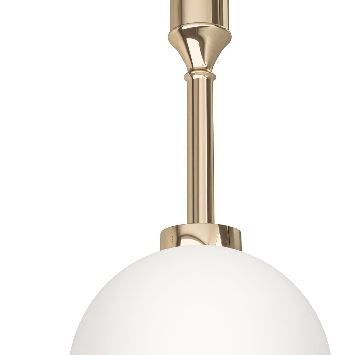 Lampa wisząca Ero I Gold B w kolorze złotym z białym, okrągłym kloszem. Klosz zawieszony na cienkiej, metalowej rurce, z błyszczącym wykończeniem. Ujęcie z góry, pokazujące detale mocowania oraz kształt klosza.