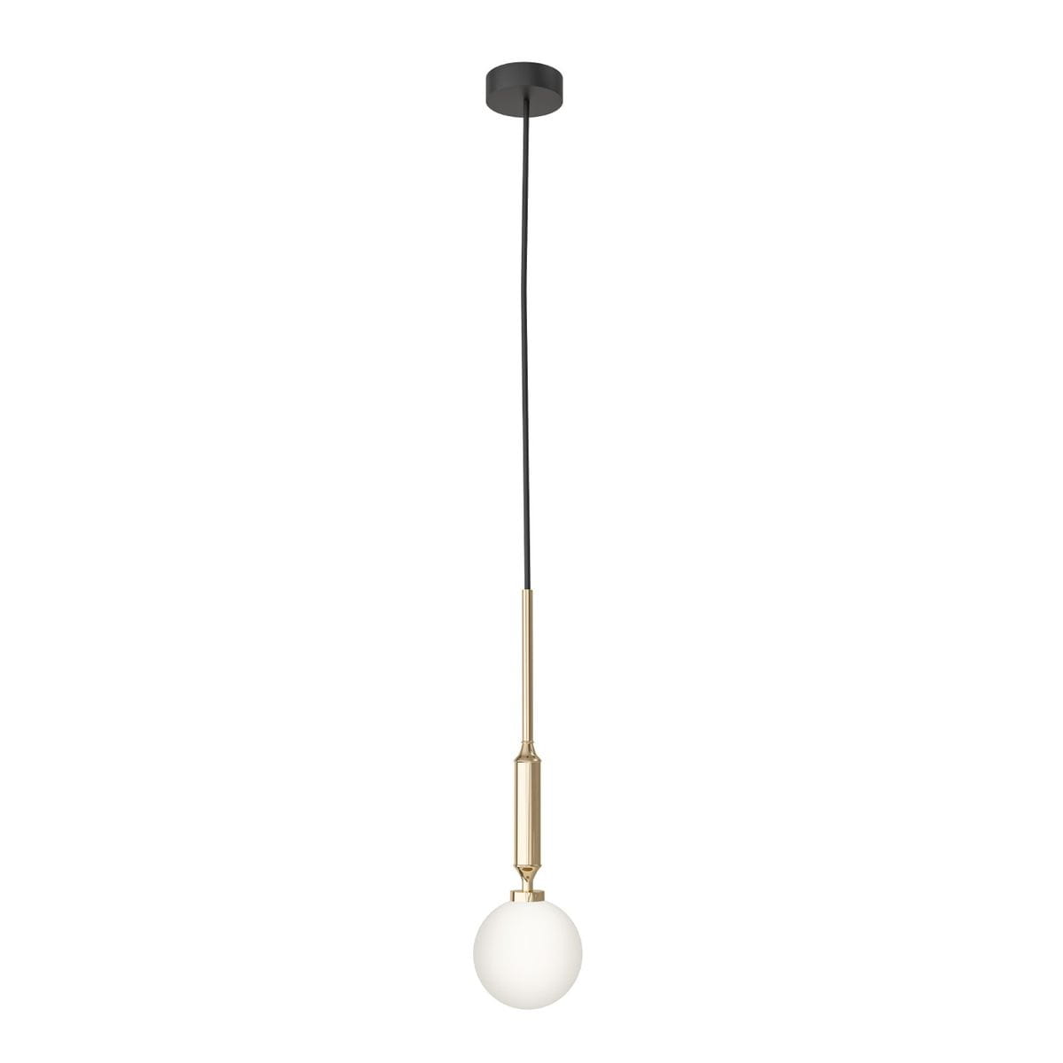 Lampa wisząca Ero I Gold C, 1-punktowa, z czarnym przewodem i złotym uchwytem. Okrągła, matowa, biała kula szklana jako źródło światła. Produkt zawieszony na suficie, w minimalistycznym stylu.