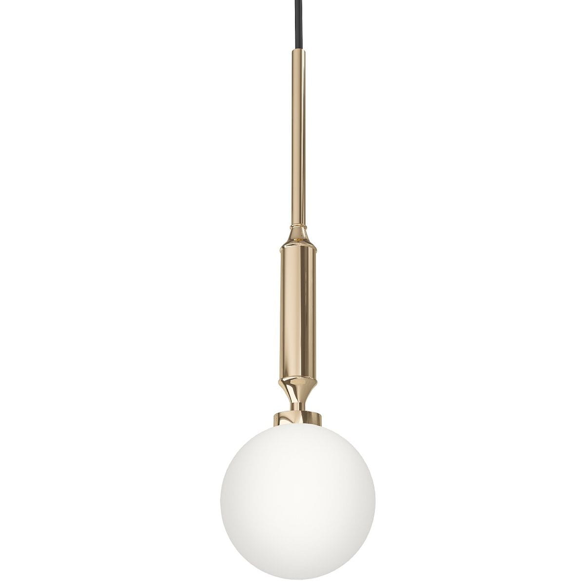 Lampa wisząca Ero I Gold C, 1-punktowa, z metalowym, złotym uchwytem oraz białą, szklaną kulą. Zawieszona na czarnym przewodzie, w pozycji pionowej. Prosty design, idealna do nowoczesnych wnętrz.