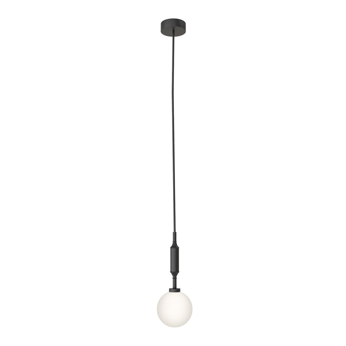 Lampa wisząca Ero I Nero A, 1-punktowa, z czarnym kablem i okrągłym kloszem z mlecznego szkła. Produkt zawieszony na długim przewodzie, z minimalistycznym designem, idealny do nowoczesnych wnętrz.