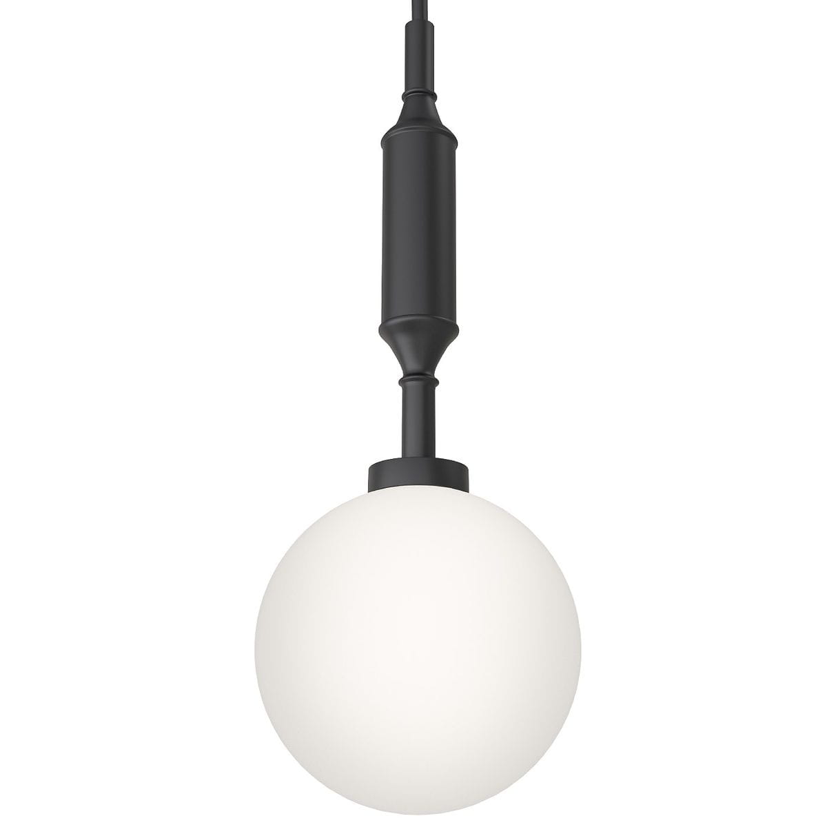 Lampa wisząca Ero I Nero A z pojedynczym punktem świetlnym, z czarnym metalowym korpusem i okrągłym, matowym kloszem w białym kolorze. Produkt zawieszony na cienkim kablu, widoczny z perspektywy frontalnej.