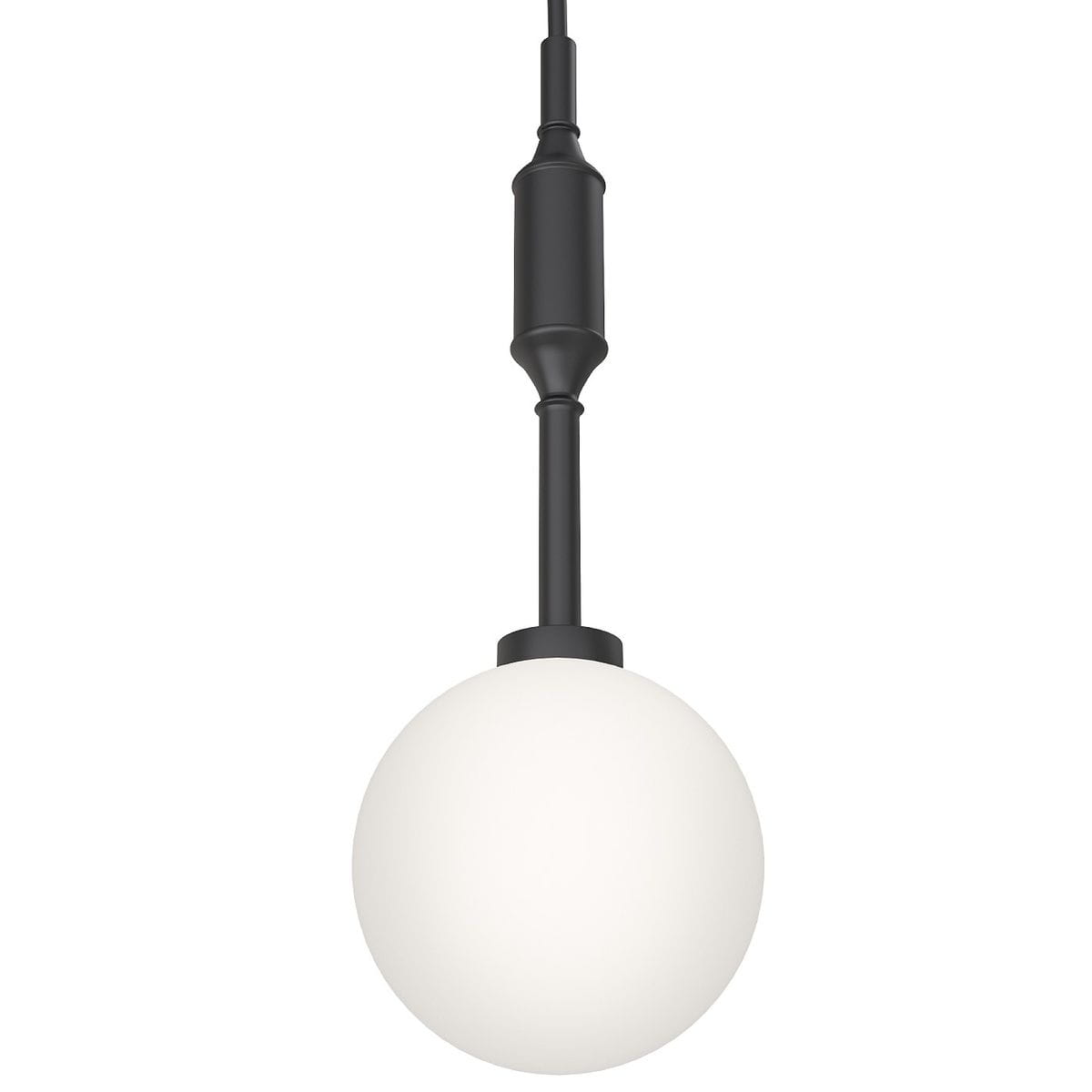 Lampa wisząca Ero I Nero B, 1-punktowa, z czarnym metalowym uchwytem i długim przewodem. Okrągła, biała kula ze szkła, zawieszona na wysokości. Prosta forma, idealna do nowoczesnych wnętrz. Tło białe, skupiające uwagę na lampie.