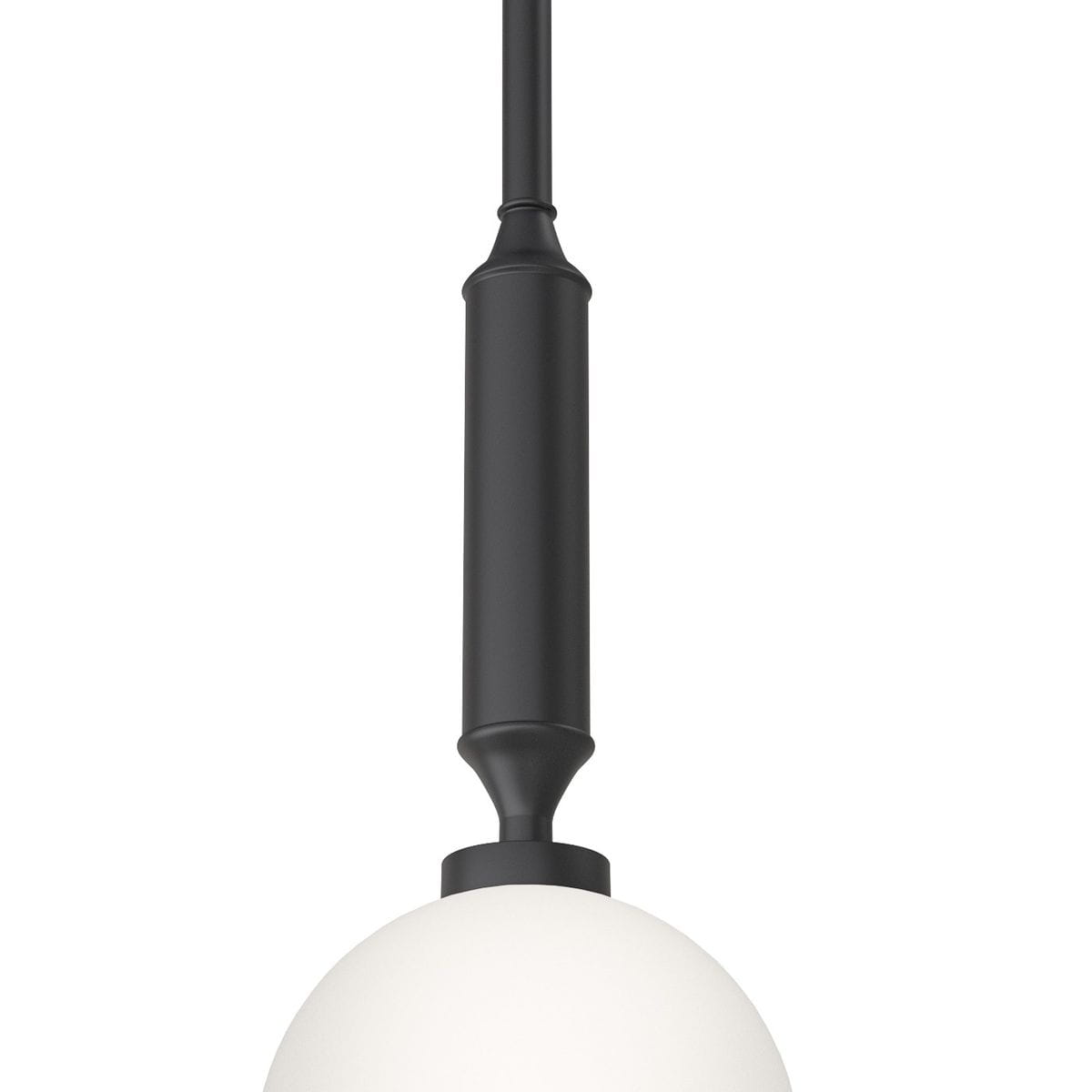 Lampa wisząca Ero I Nero C w kolorze czarnym z jedną białą, okrągłą kloszem. Klosz wykonany z matowego szkła, zawieszony na cienkim, prostym przewodzie. Produkt w ujęciu frontalnym, zbliżenie na detal konstrukcji.