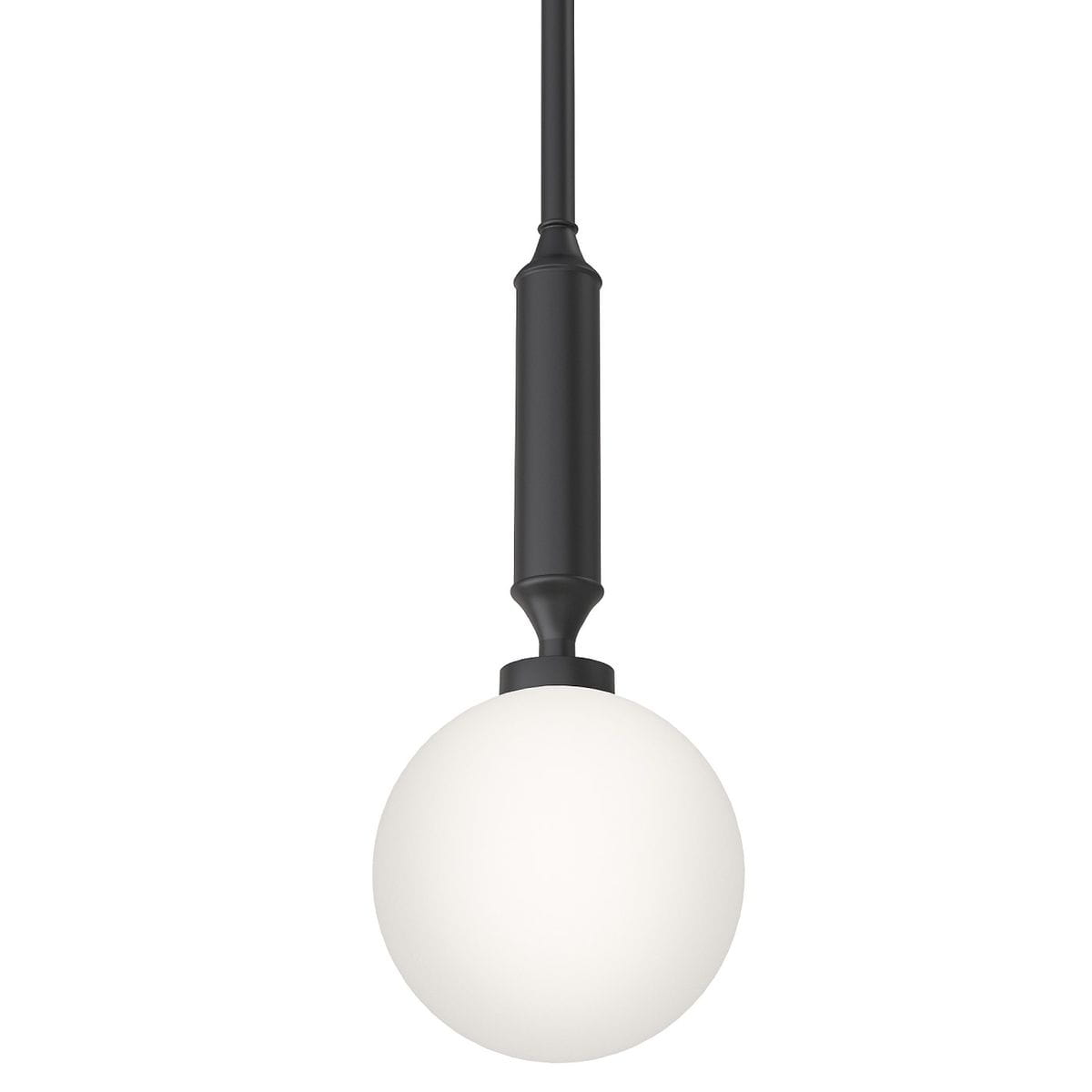 Lampa wisząca Ero I Nero C z jednolitym, białym kloszem w kształcie kuli, zawieszona na czarnym, prostym przewodzie. Metalowy uchwyt w kolorze czarnym. Idealna do nowoczesnych wnętrz.