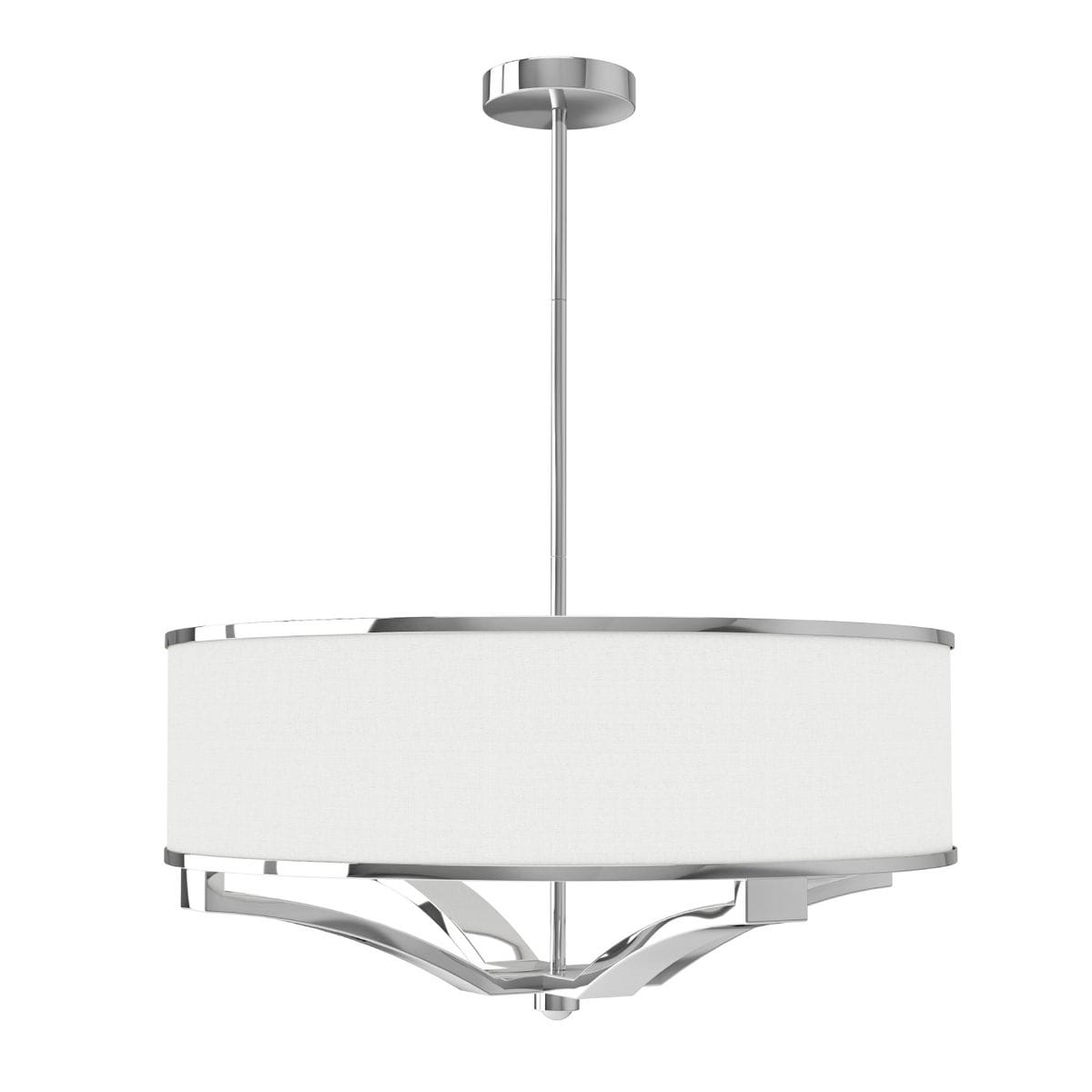 Lampa wisząca Gerdo Cromo 4-punktowa w kolorze chromu, z białym abażurem. Posiada elegancki, okrągły kształt oraz metalowe detale. Zawieszona na cienkim, chromowanym przewodzie, idealna do nowoczesnych wnętrz.