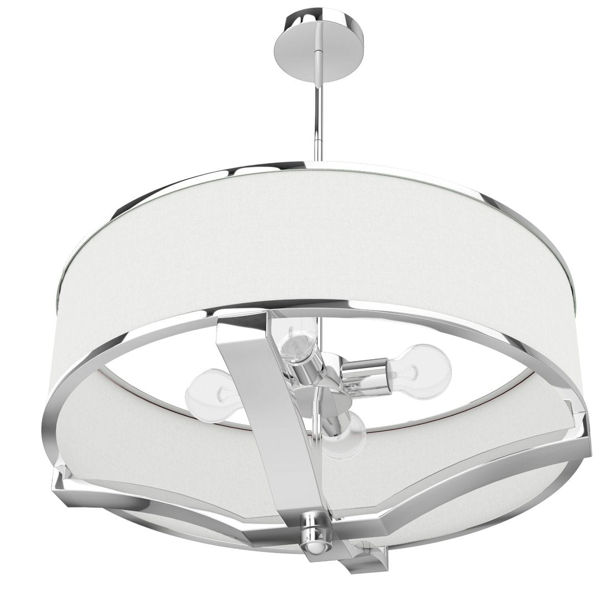 Lampa wisząca Gerdo Cromo 4-punktowa z chromowanym stelażem i białym abażurem. Produkt zawiera miejsce na cztery żarówki, umieszczony pod kątem, z widocznymi detalami chromowanej konstrukcji. Idealna do nowoczesnych wnętrz.