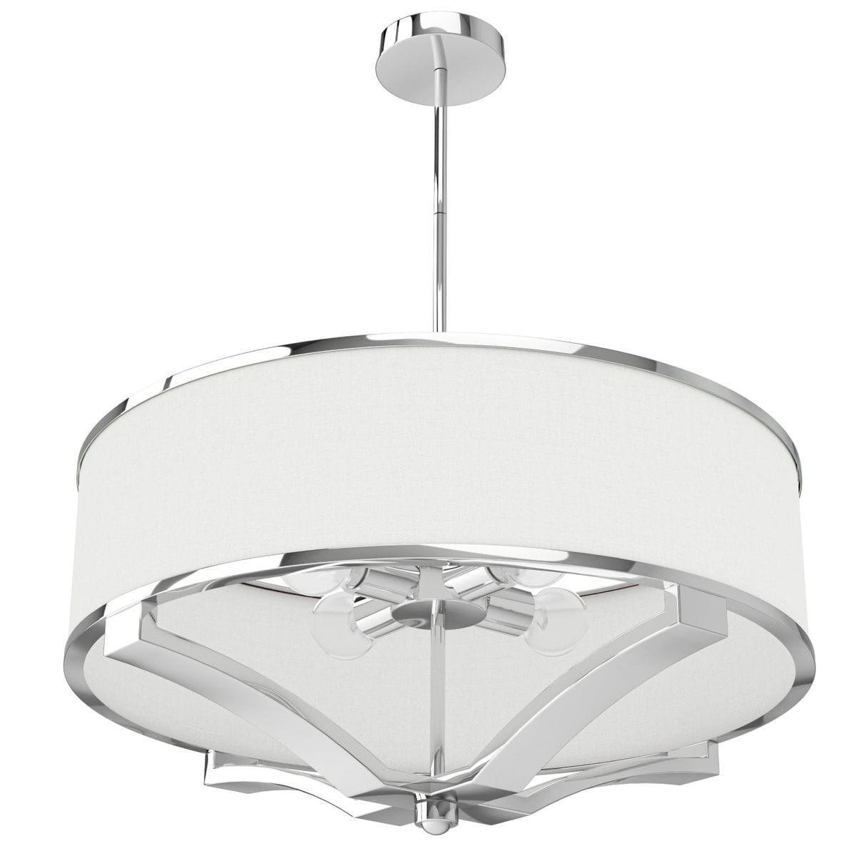 Lampa wisząca Gerdo Cromo, 4-punktowa, z chromowanym stelażem i białym, tekstylnym kloszem. Ujęcie z dołu, ukazujące elegancki kształt oraz przezroczyste żarówki wewnątrz. Zawieszona na cienkim, metalowym łańcuchu.