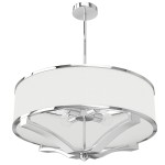 Lampa wisząca Gerdo Cromo, 4-punktowa, z chromowanym stelażem i białym, tekstylnym kloszem. Ujęcie z dołu, ukazujące elegancki kształt oraz przezroczyste żarówki wewnątrz. Zawieszona na cienkim, metalowym łańcuchu.
