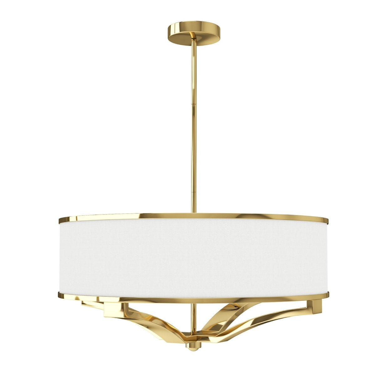 Złota lampa wisząca Gerdo Gold z czterema punktami świetlnymi, z białym abażurem z tkaniny i elegancką, metalową podstawą. Produkt zawieszony na cienkim, złotym przewodzie, z okrągłym sufitem.