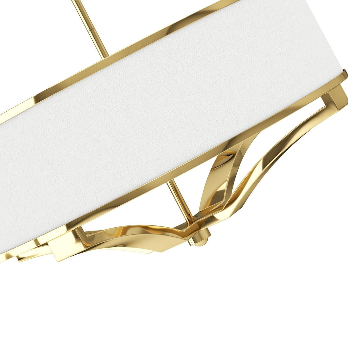 Lampa wisząca Gerdo Gold 4-punktowa, złota. Geometryczna konstrukcja z metalowymi, błyszczącymi detalami oraz białym materiałowym kloszem. Ujęcie pod kątem, ukazujące eleganckie wykończenie i nowoczesny design.