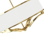 Lampa wisząca Gerdo Gold 4-punktowa, złota. Geometryczna konstrukcja z metalowymi, błyszczącymi detalami oraz białym materiałowym kloszem. Ujęcie pod kątem, ukazujące eleganckie wykończenie i nowoczesny design.