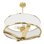 Złota lampa wisząca Gerdo Gold 4-punktowa z białym, tekstylnym kloszem. Okrągły kształt, metalowe wykończenie, widoczne cztery oprawy na żarówki. Ujęcie z dołu, na jednolitym tle.