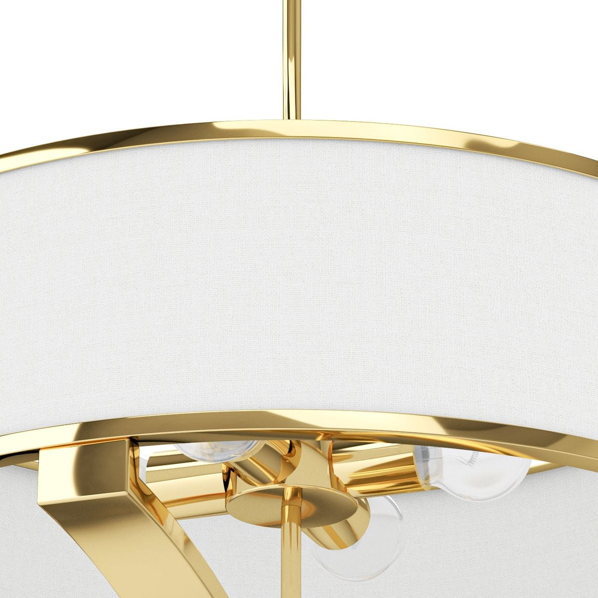 Lampa wisząca Gerdo Gold 4-punktowa w złotym kolorze z białym abażurem. Widoczne cztery uchwyty na żarówki oraz elegancka, metalowa konstrukcja. Ujęcie z bliska, pokazujące detale i fakturę materiału.